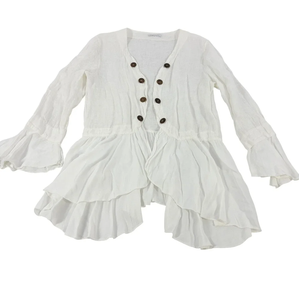 Italian Linen Ruffle Cardigan Women's M/L White Peplum Bell Sleeve Pirate Resort